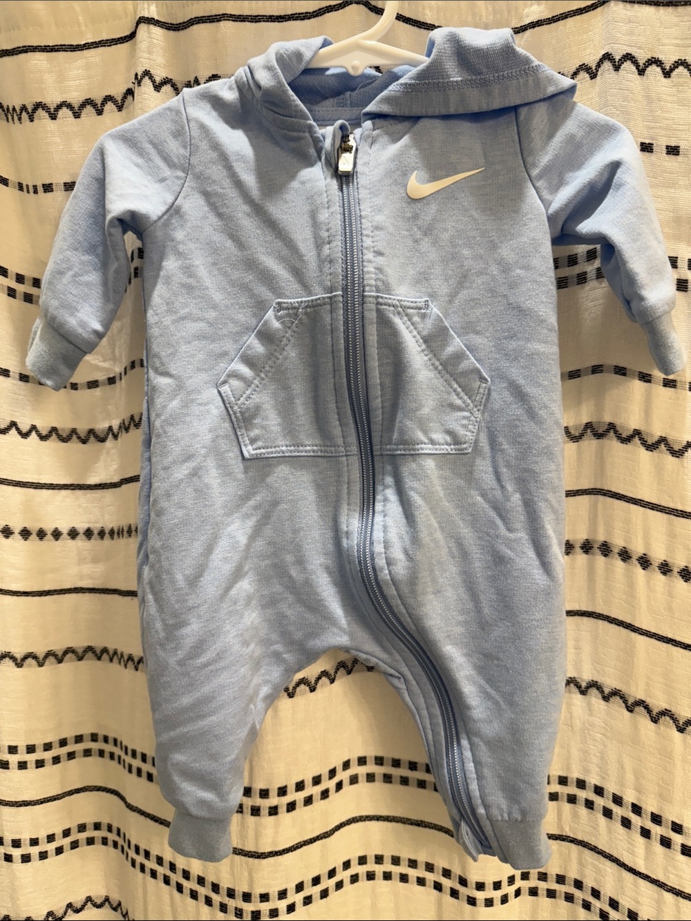 Nike Light Blue Hooded Baby One-Piece Romper with Swoosh